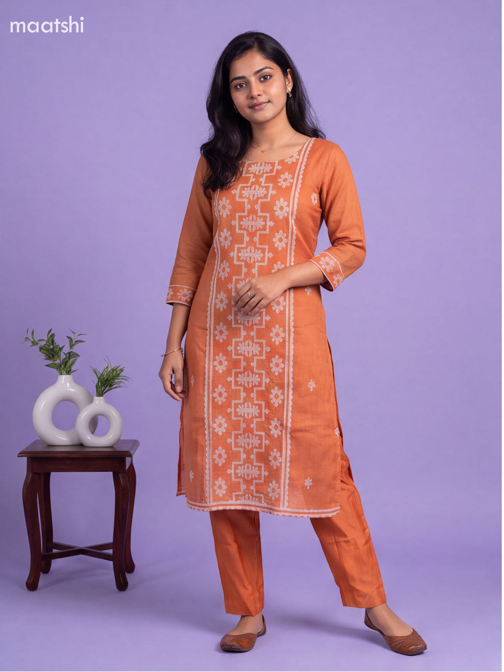 Rustic Orange Tissue Linen Embroidery Work Straight Suit