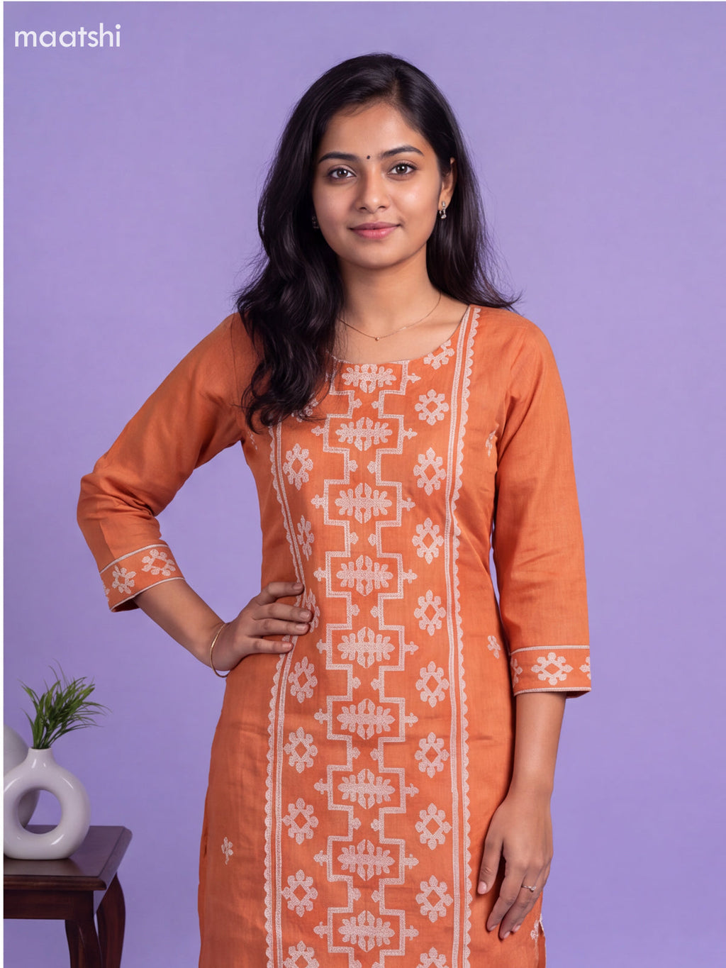 Rustic Orange Tissue Linen Embroidery Work Straight Suit