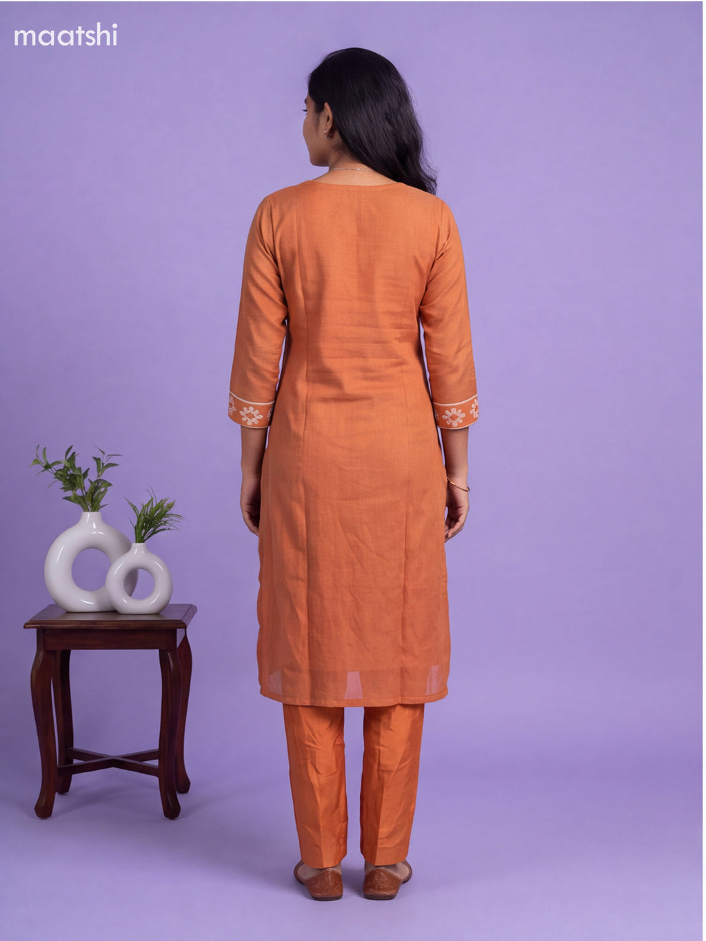 Rustic Orange Tissue Linen Embroidery Work Straight Suit