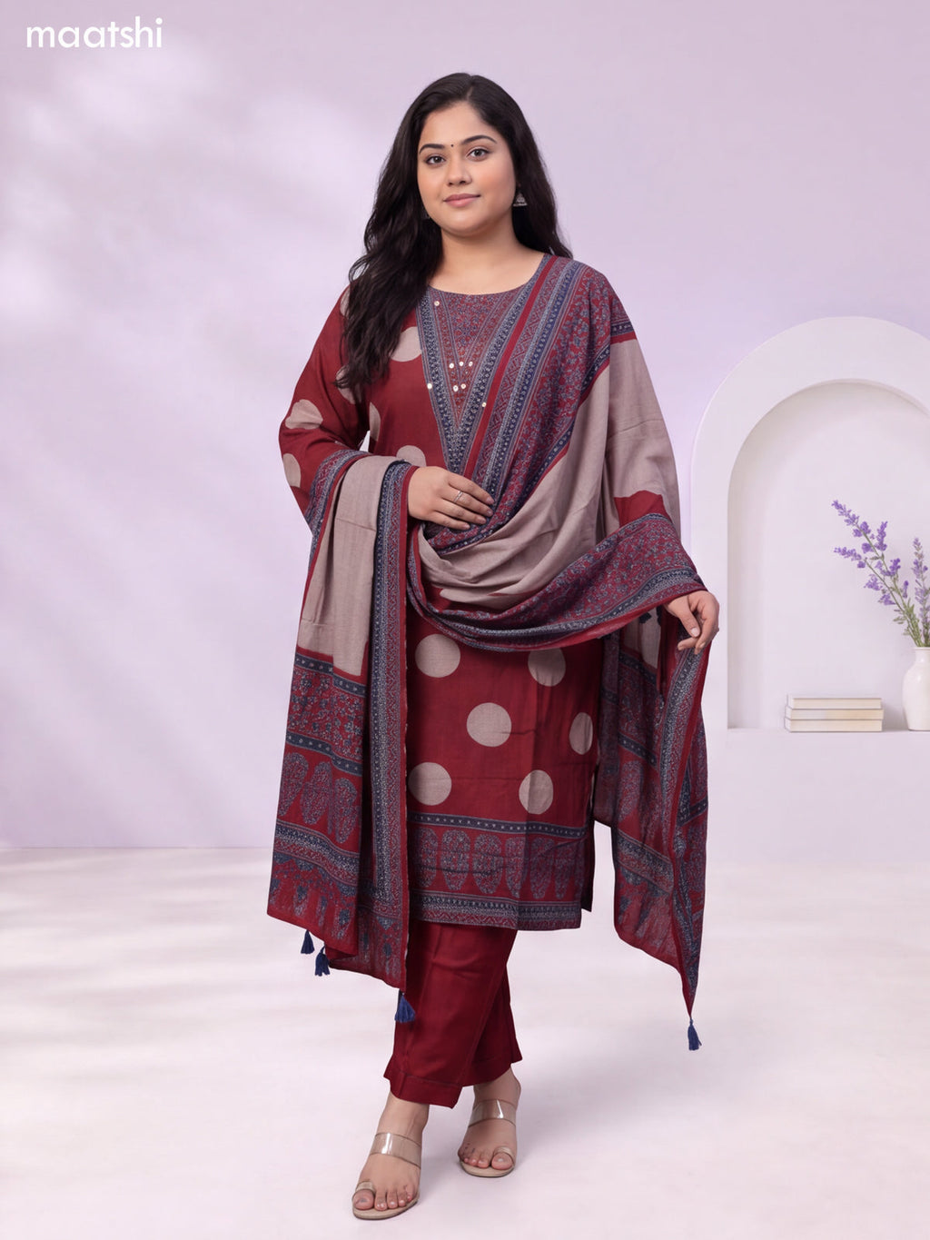 Maroon and Biege Muslin Printed Straight Suit