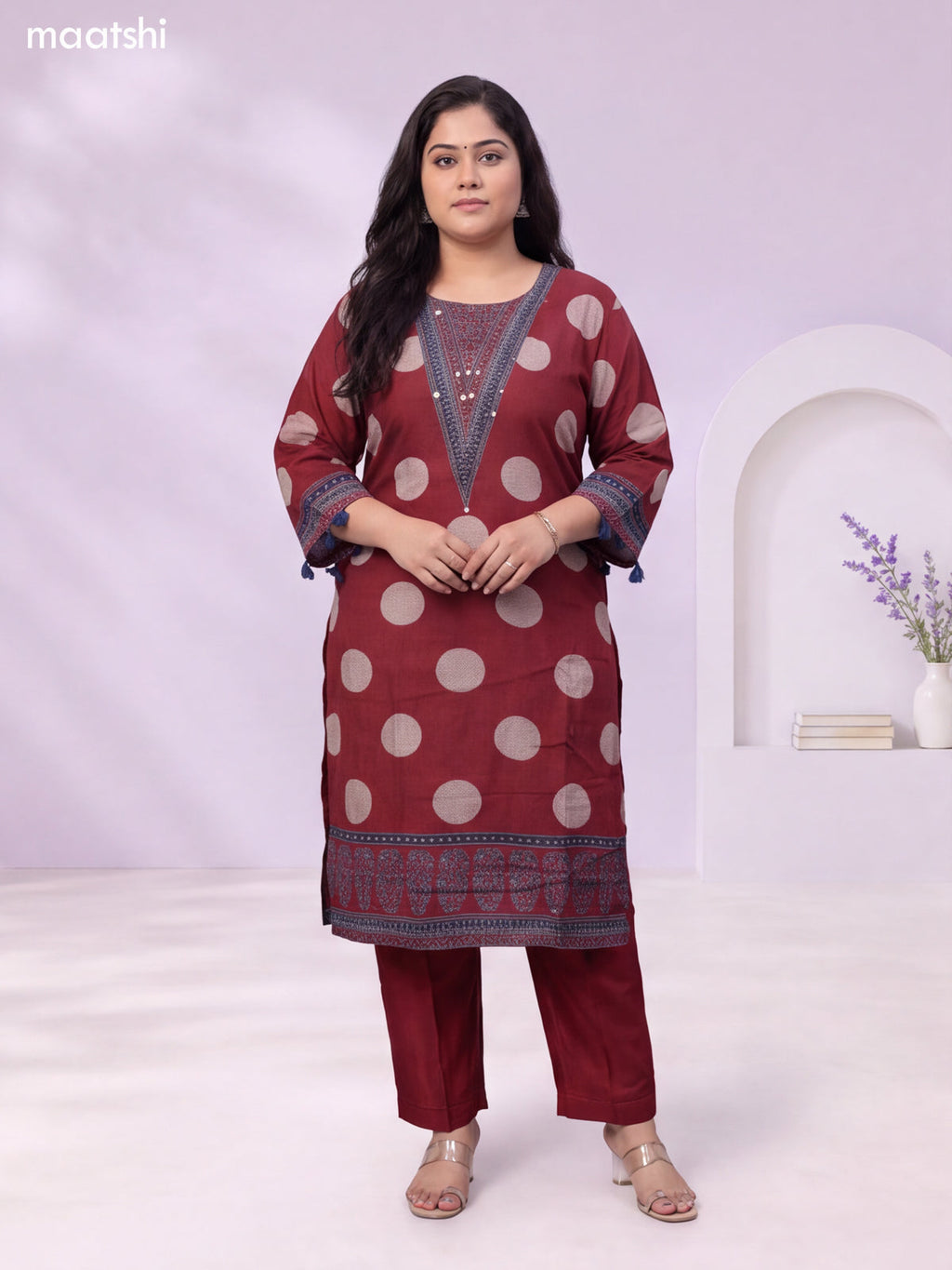 Maroon and Biege Muslin Printed Straight Suit