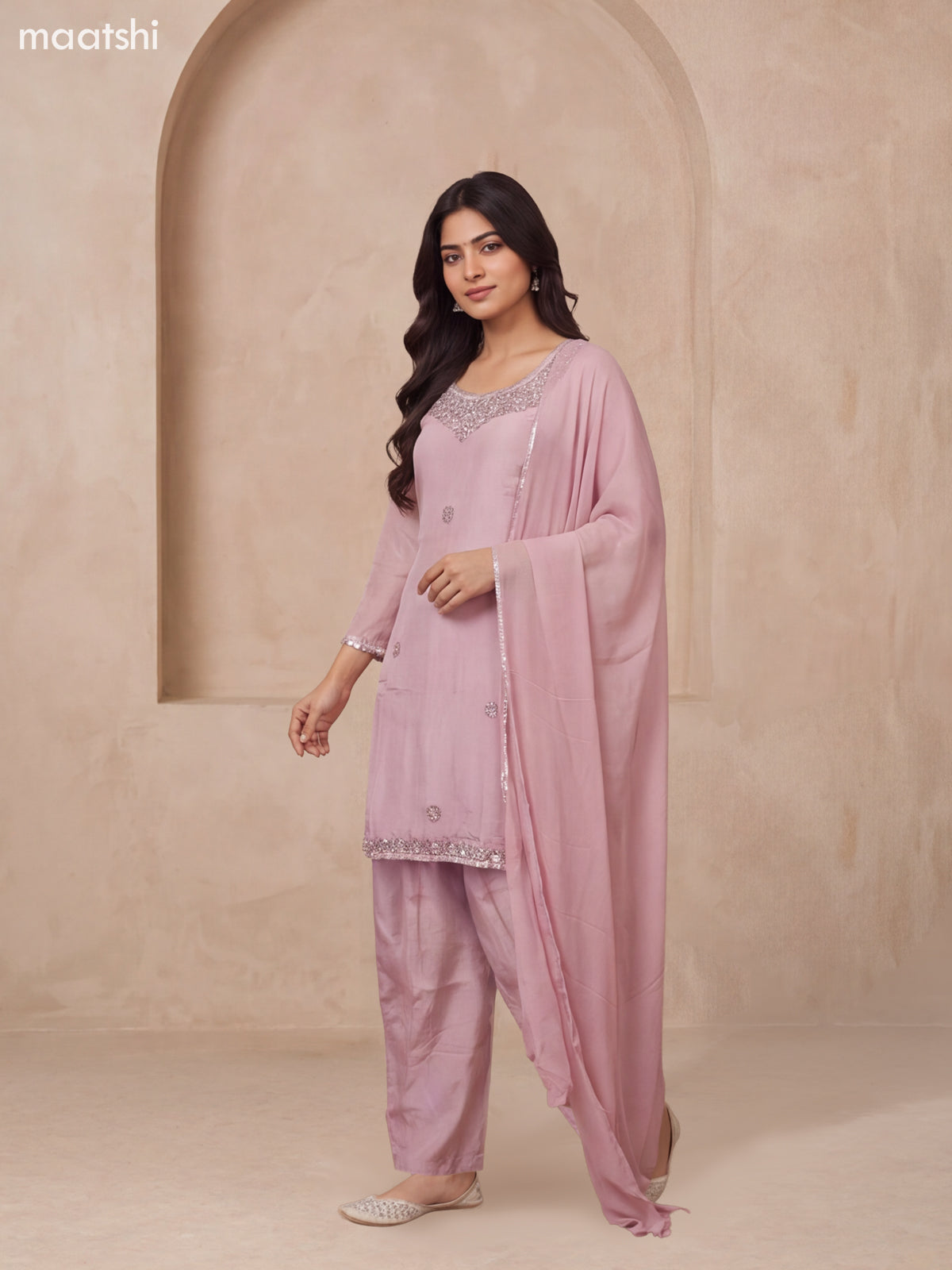 Pastel Pink Art Silk Embroidery Work Straight Suit