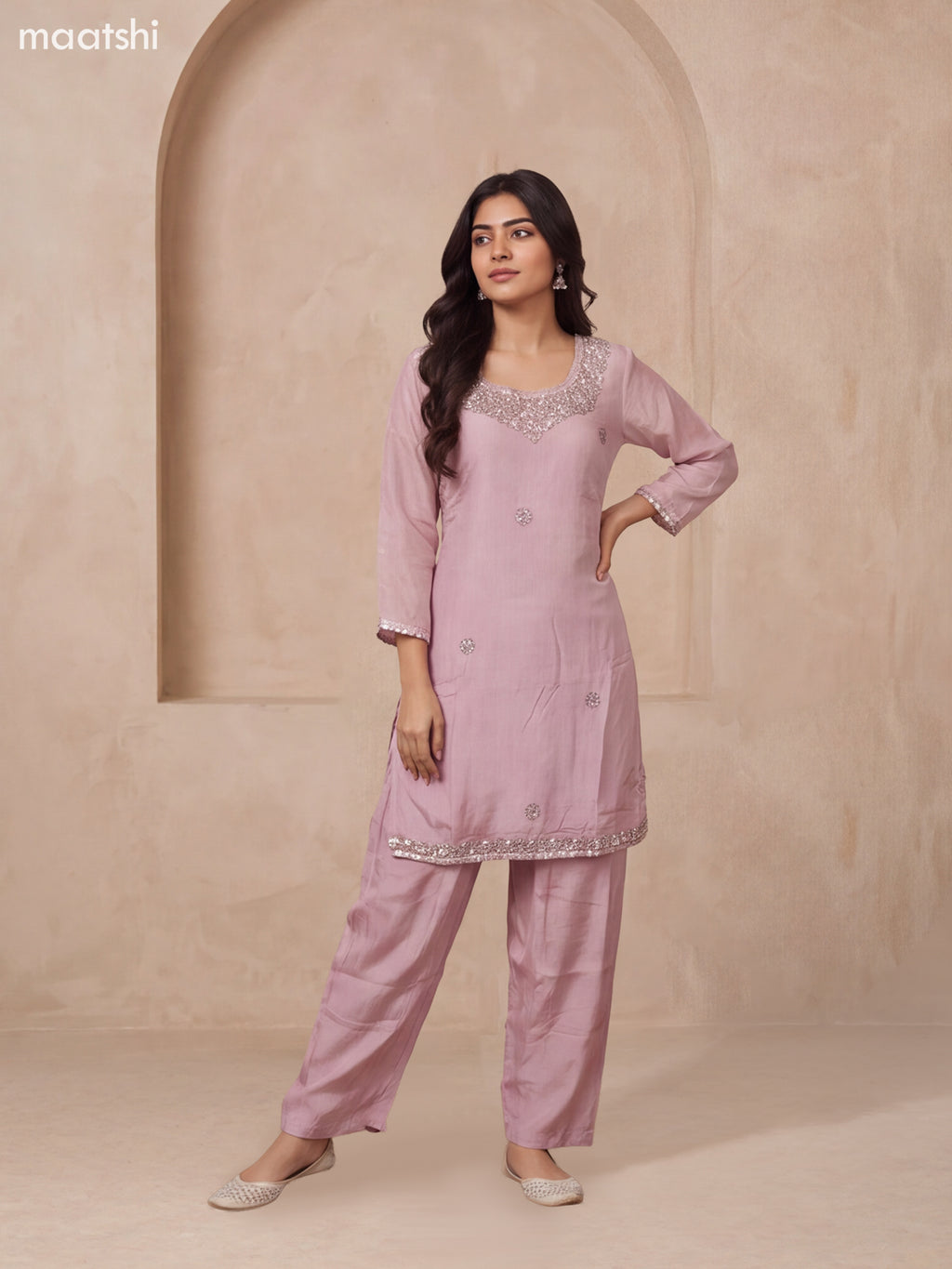 Pastel Pink Art Silk Embroidery Work Straight Suit
