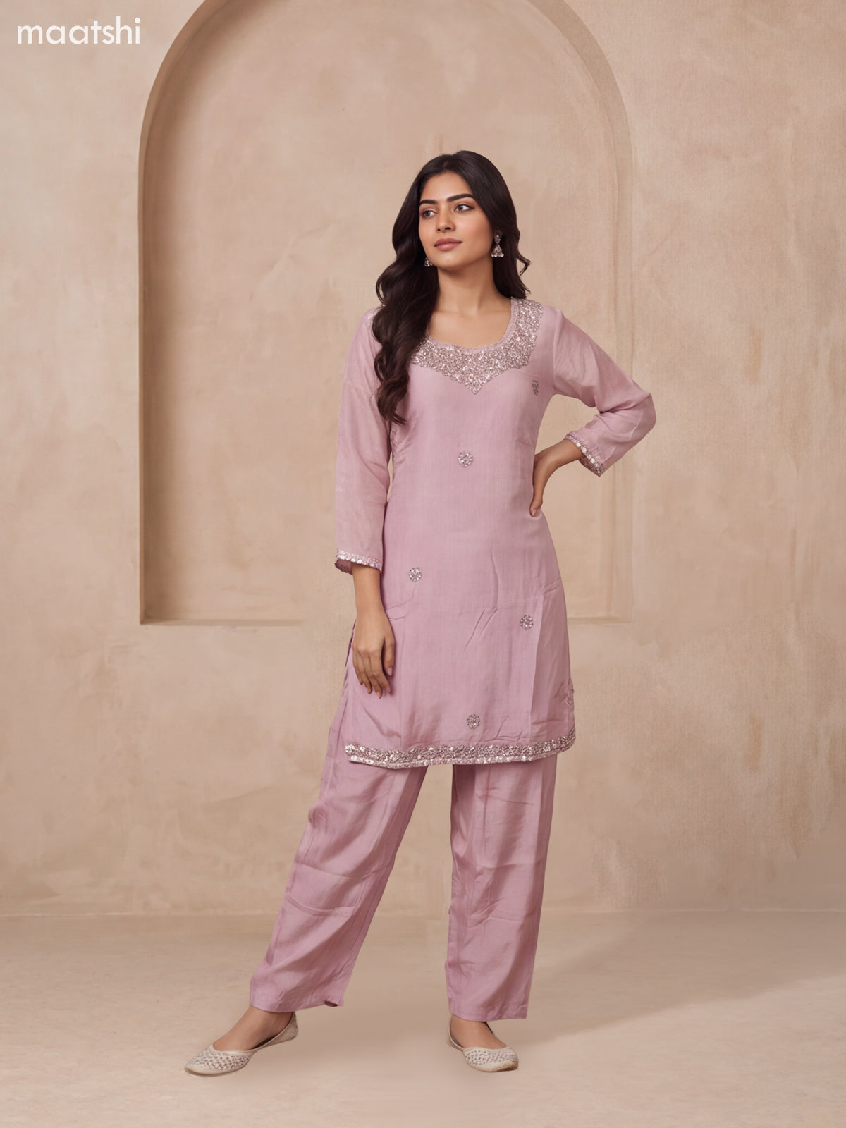 Pastel Pink Art Silk Embroidery Work Straight Suit