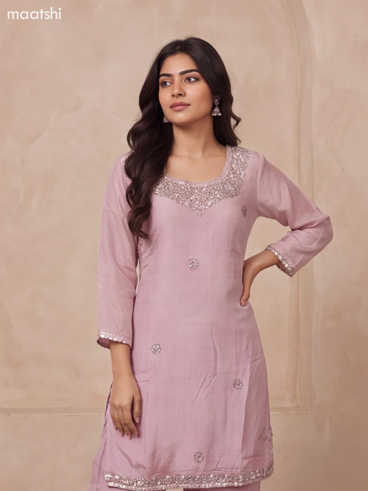 Pastel Pink Art Silk Embroidery Work Straight Suit
