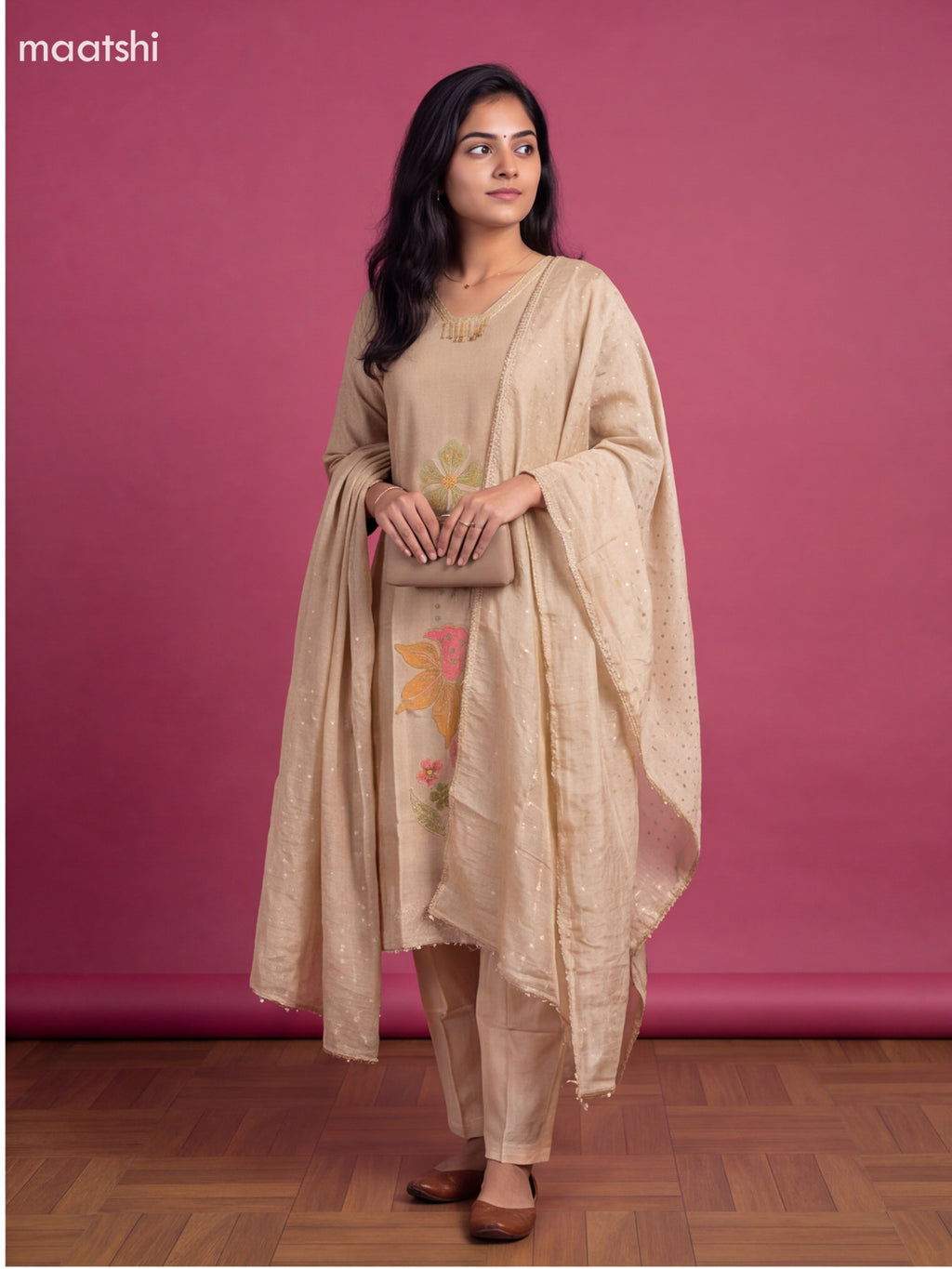 Cream Tissue Embroidery Work Straight Suit