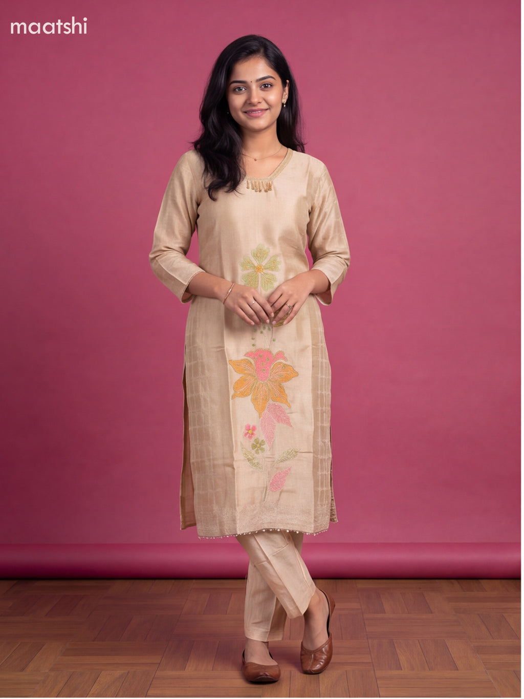 Cream Tissue Embroidery Work Straight Suit