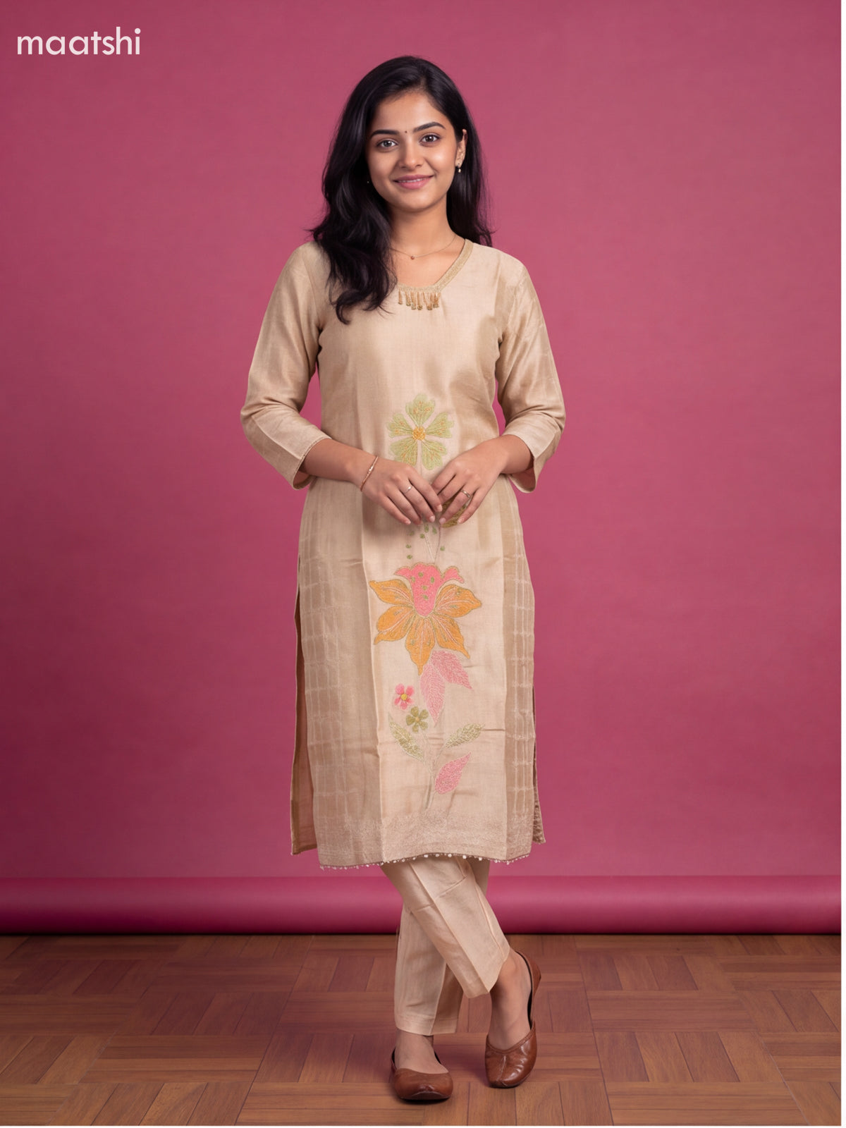 Cream Tissue Embroidery Work Straight Suit