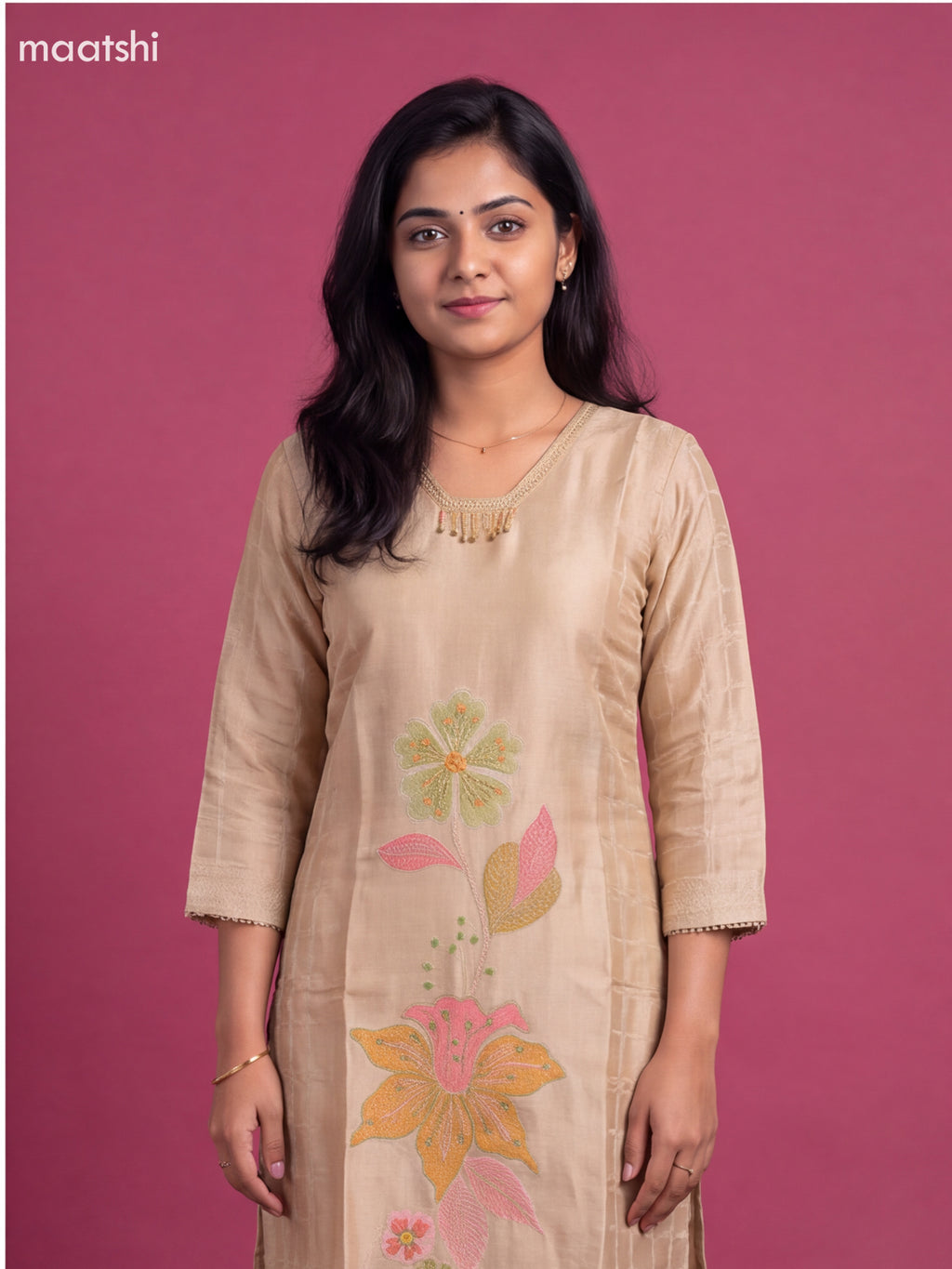 Cream Tissue Embroidery Work Straight Suit