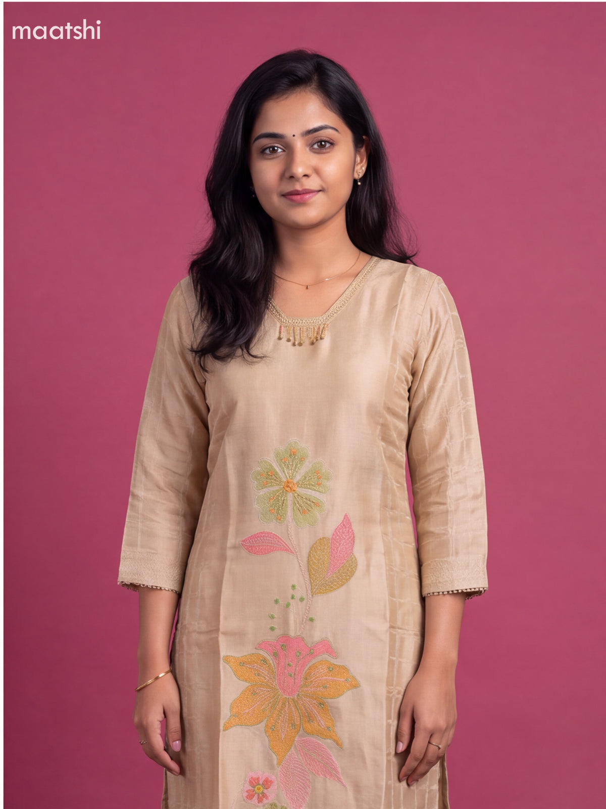 Cream Tissue Embroidery Work Straight Suit