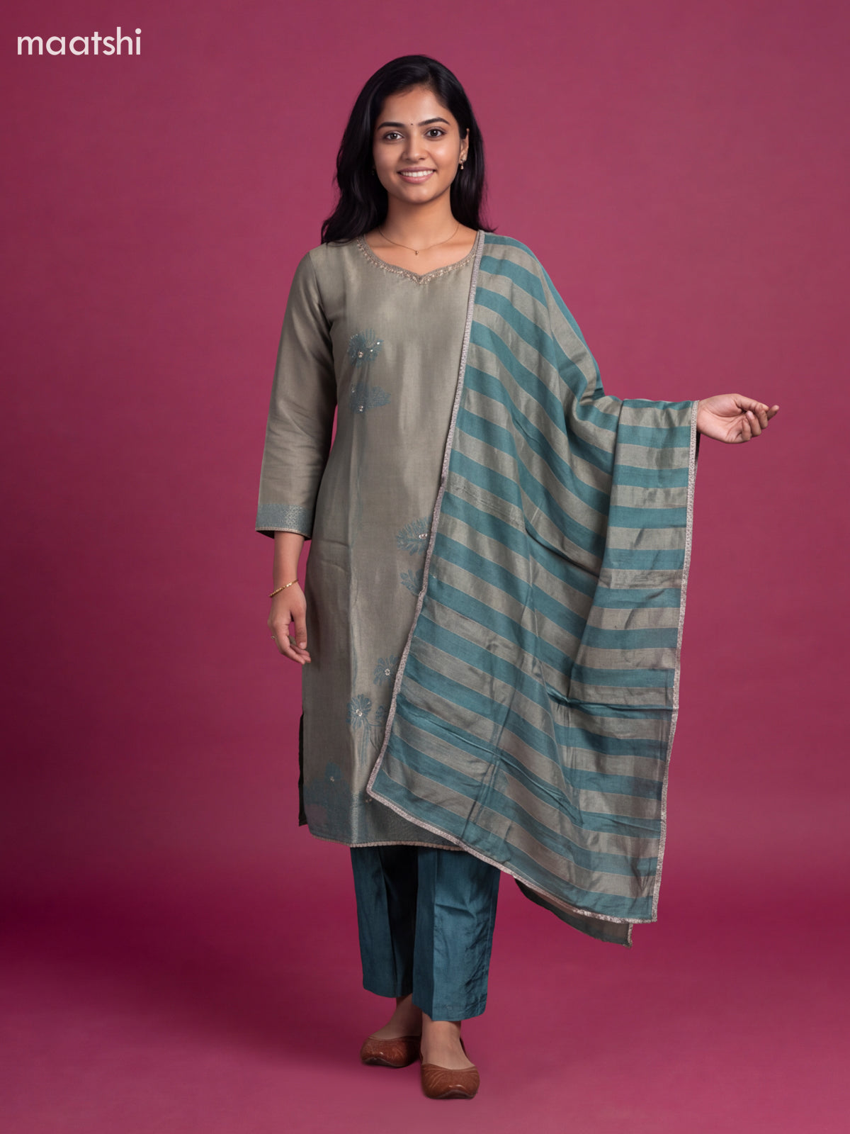 Teal Green Tissue Embroidery Work Straight Suit