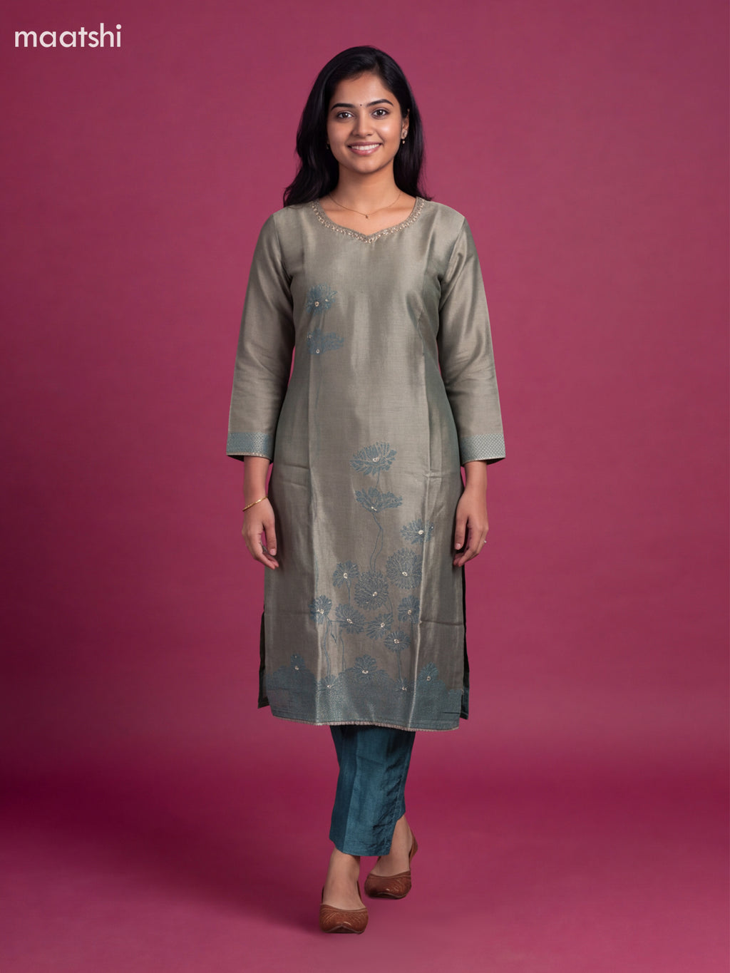 Teal Green Tissue Embroidery Work Straight Suit