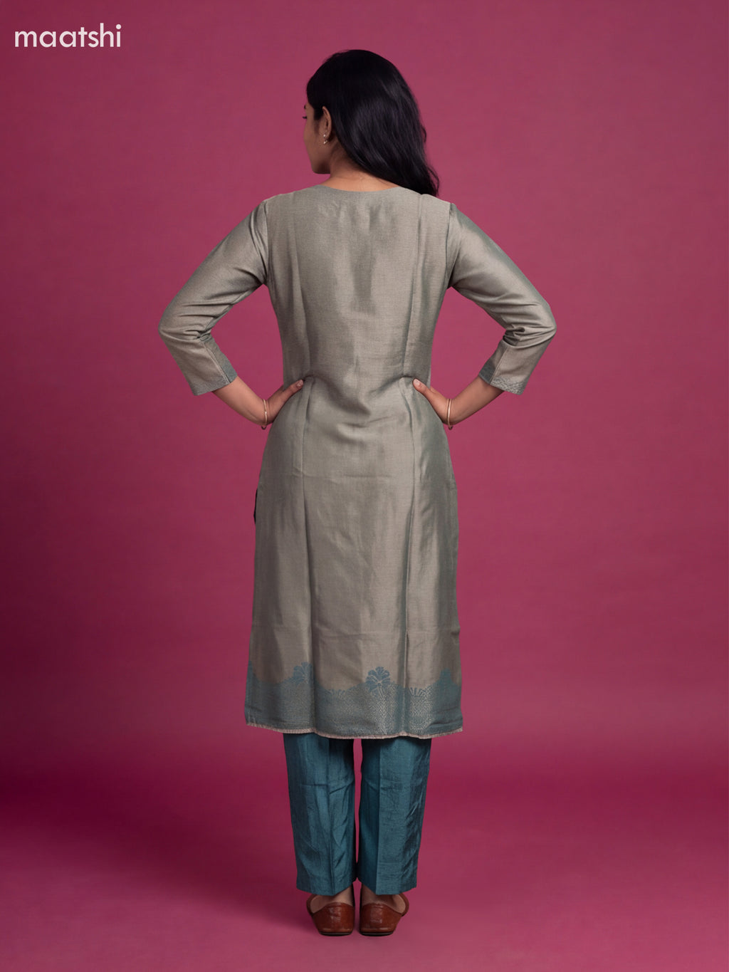 Teal Green Tissue Embroidery Work Straight Suit