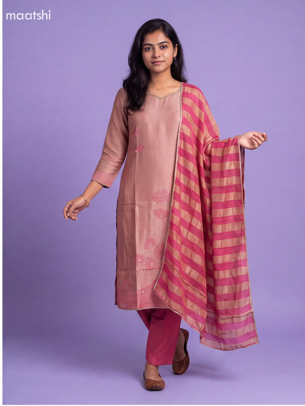 Mauve Pink Tissue Embroidery Work Straight Suit