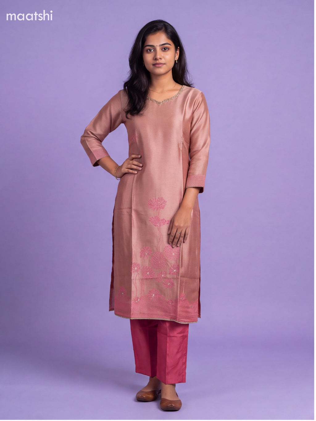 Mauve Pink Tissue Embroidery Work Straight Suit