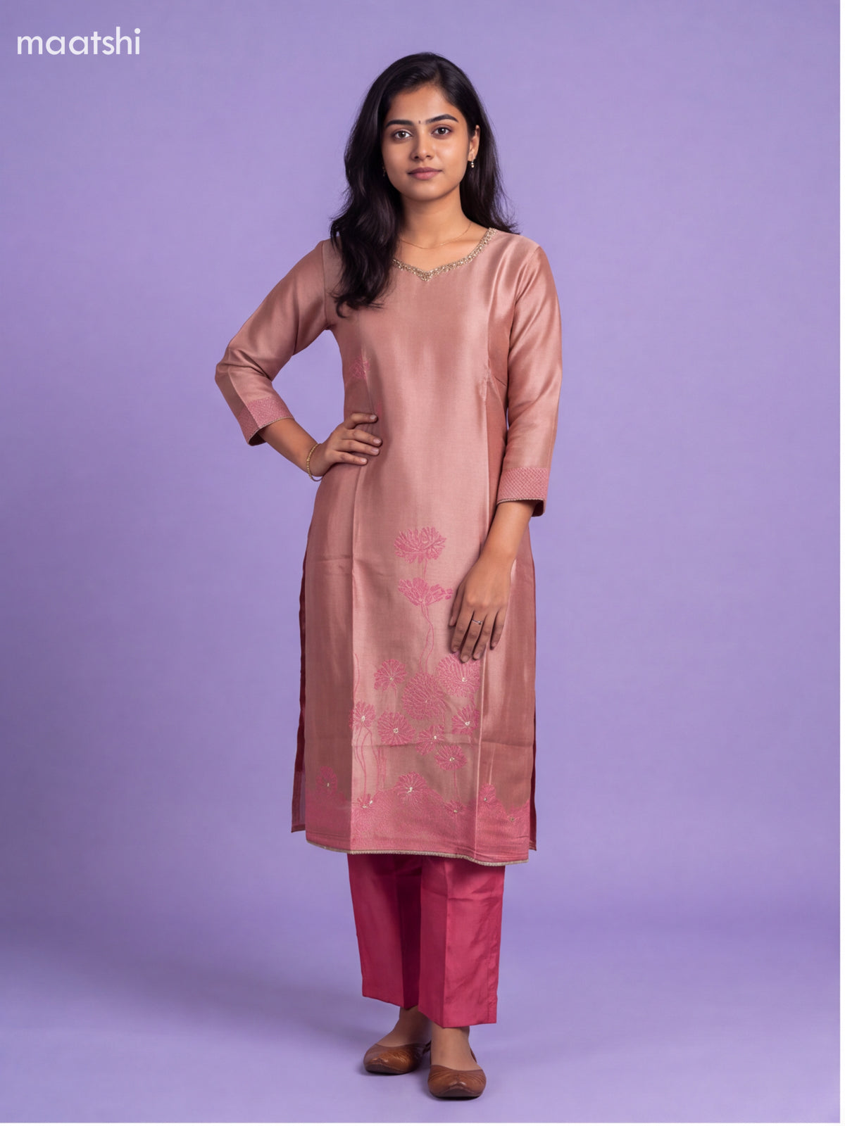 Mauve Pink Tissue Embroidery Work Straight Suit