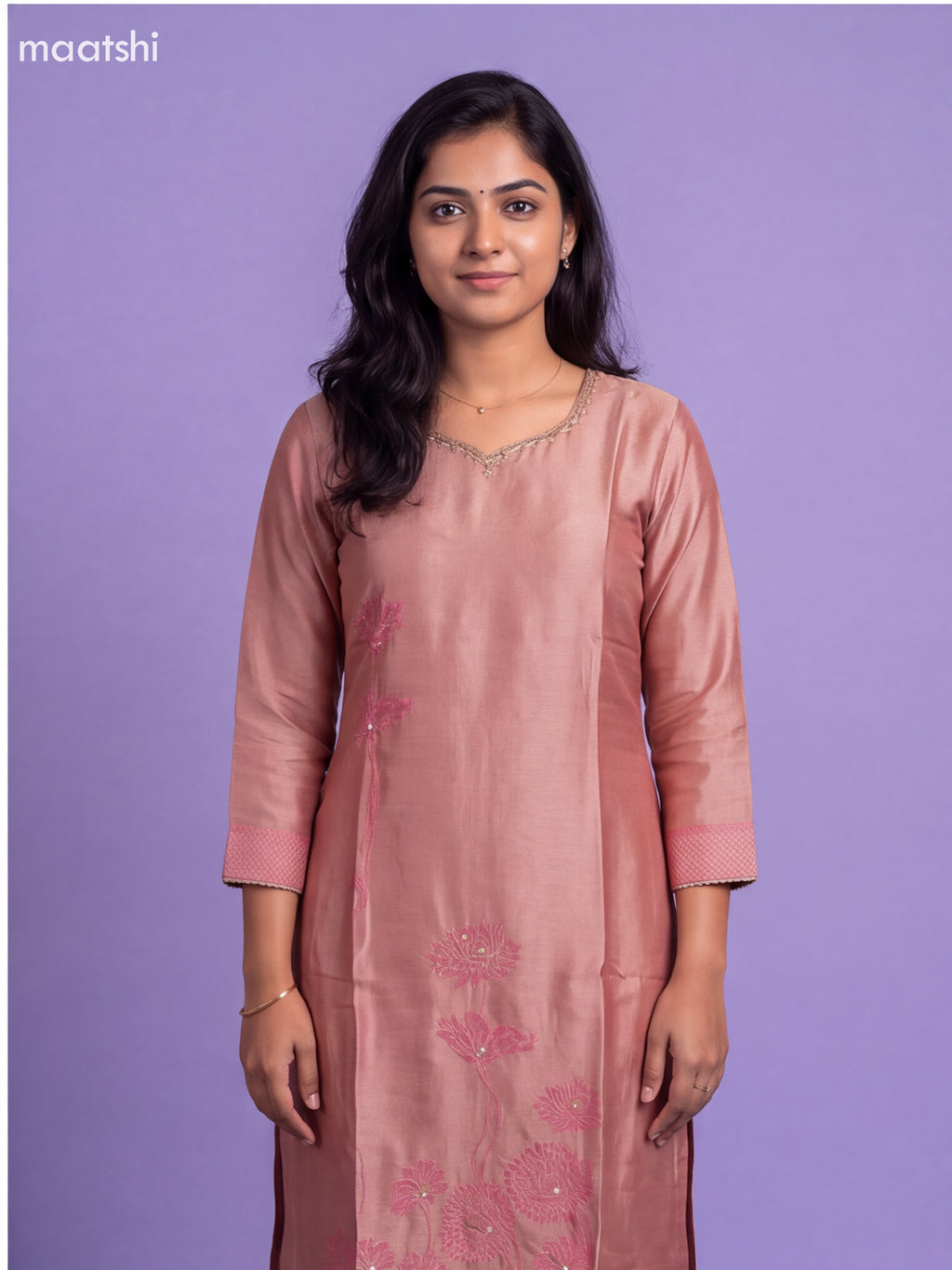 Mauve Pink Tissue Embroidery Work Straight Suit