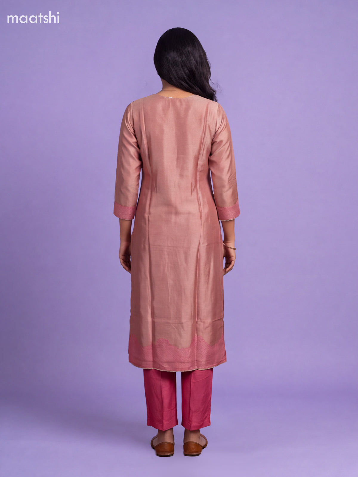 Mauve Pink Tissue Embroidery Work Straight Suit