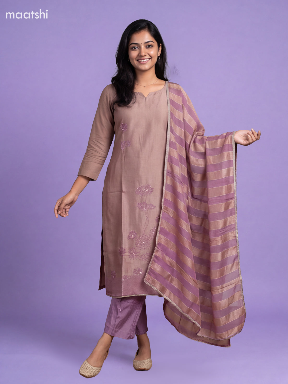 Mild Lavender Tissue Embroidery Work Straight Suit