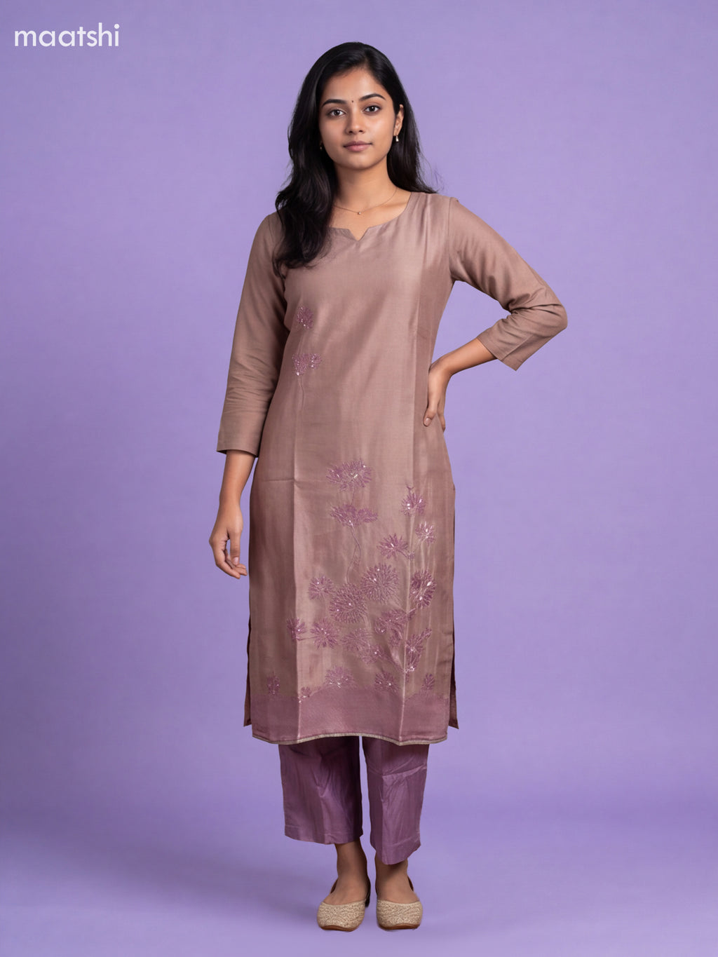 Mild Lavender Tissue Embroidery Work Straight Suit