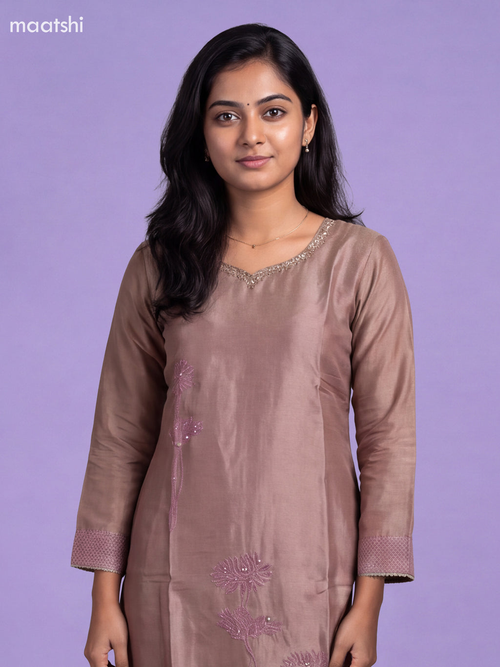 Mild Lavender Tissue Embroidery Work Straight Suit