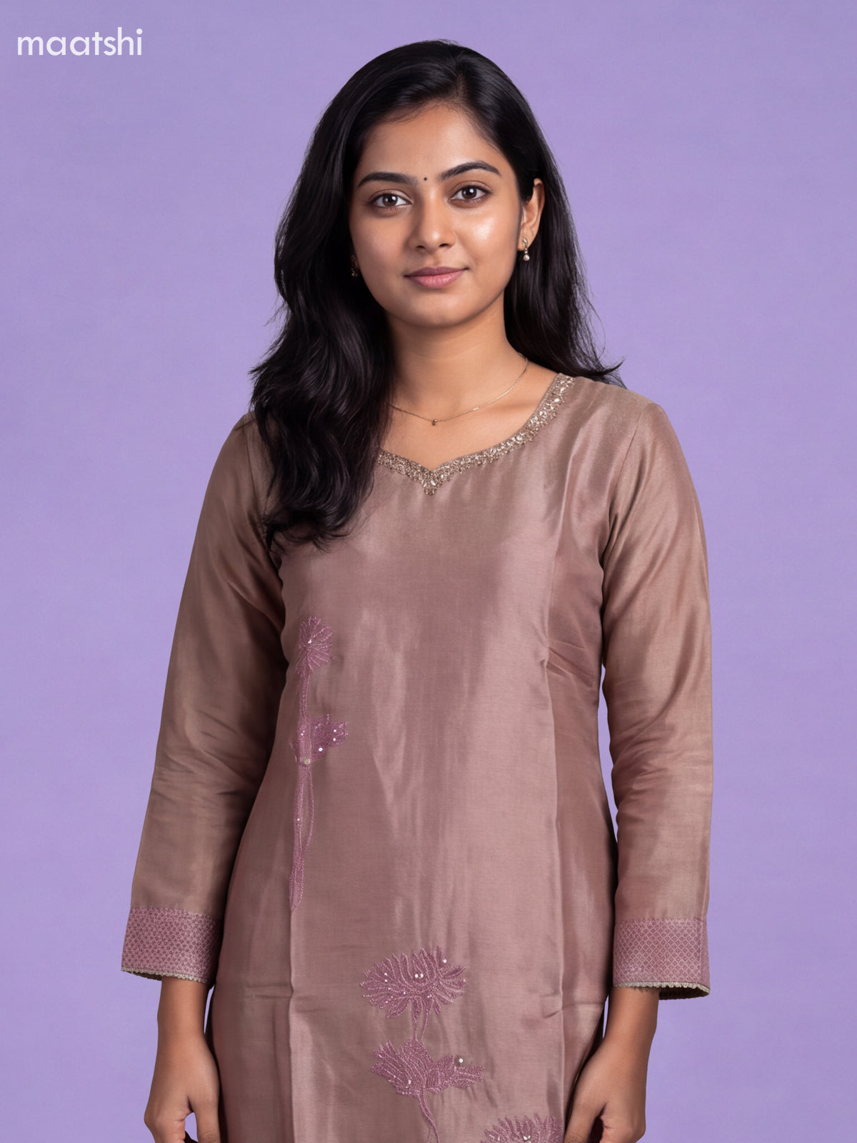 Mild Lavender Tissue Embroidery Work Straight Suit