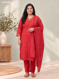 Red Cotton Printed & Mirror Embroidery Work Straight Suit