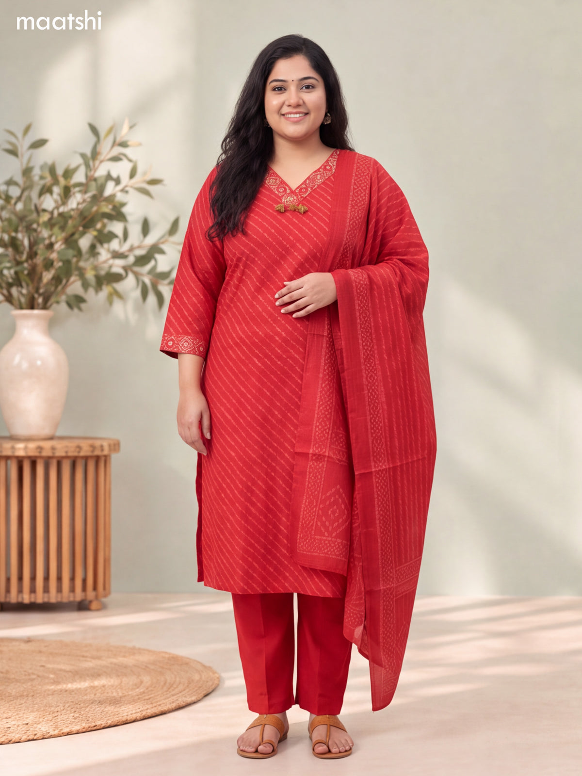 Red Cotton Printed & Mirror Embroidery Work Straight Suit