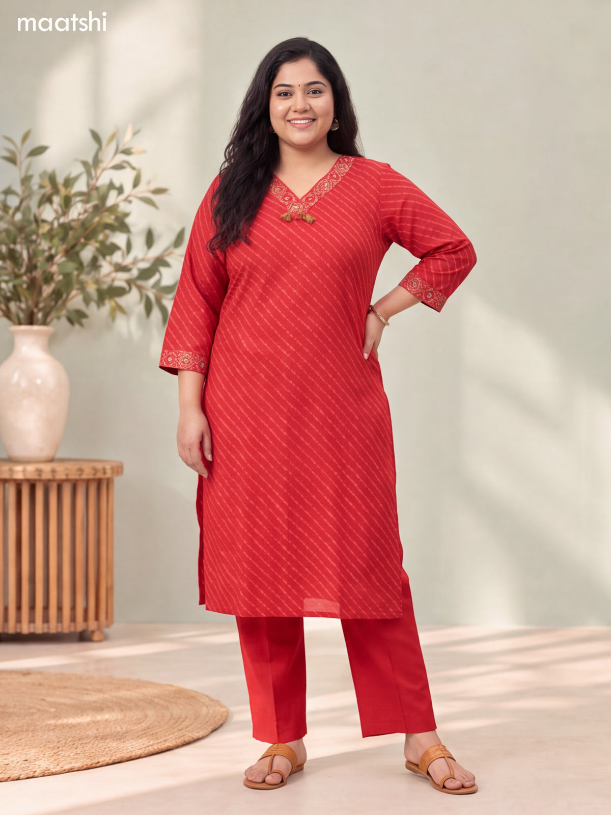 Red Cotton Printed & Mirror Embroidery Work Straight Suit