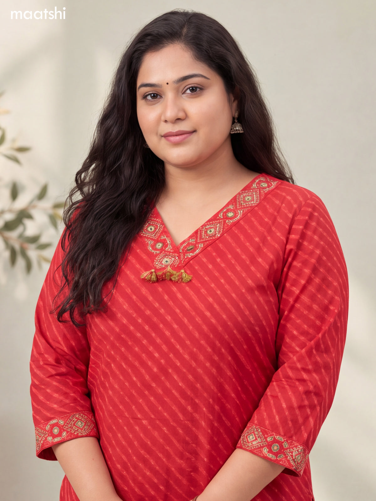 Red Cotton Printed & Mirror Embroidery Work Straight Suit