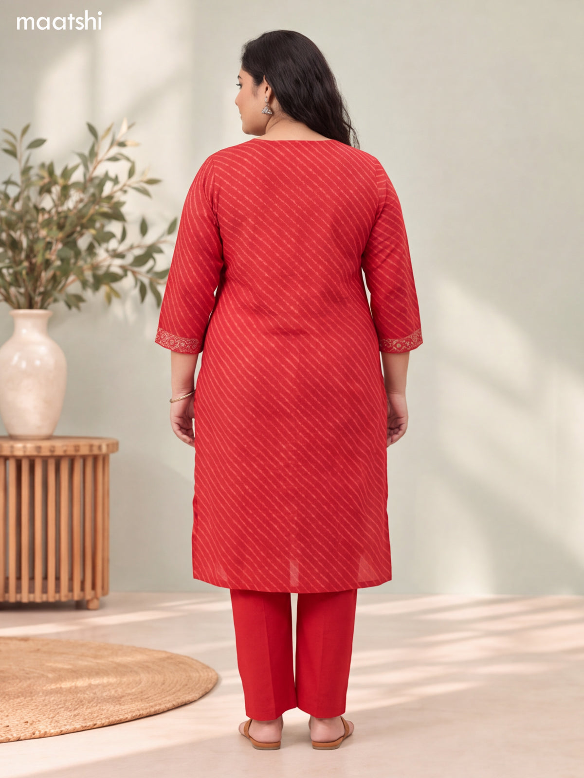 Red Cotton Printed & Mirror Embroidery Work Straight Suit