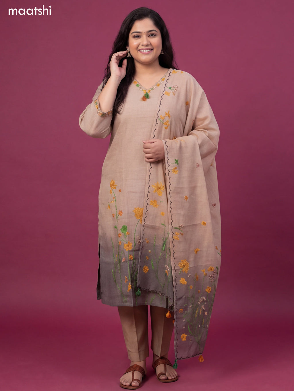 Biege and Greyish Green Linen Cotton Embroidery Work Straight Suit