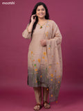 Biege and Greyish Green Linen Cotton Embroidery Work Straight Suit