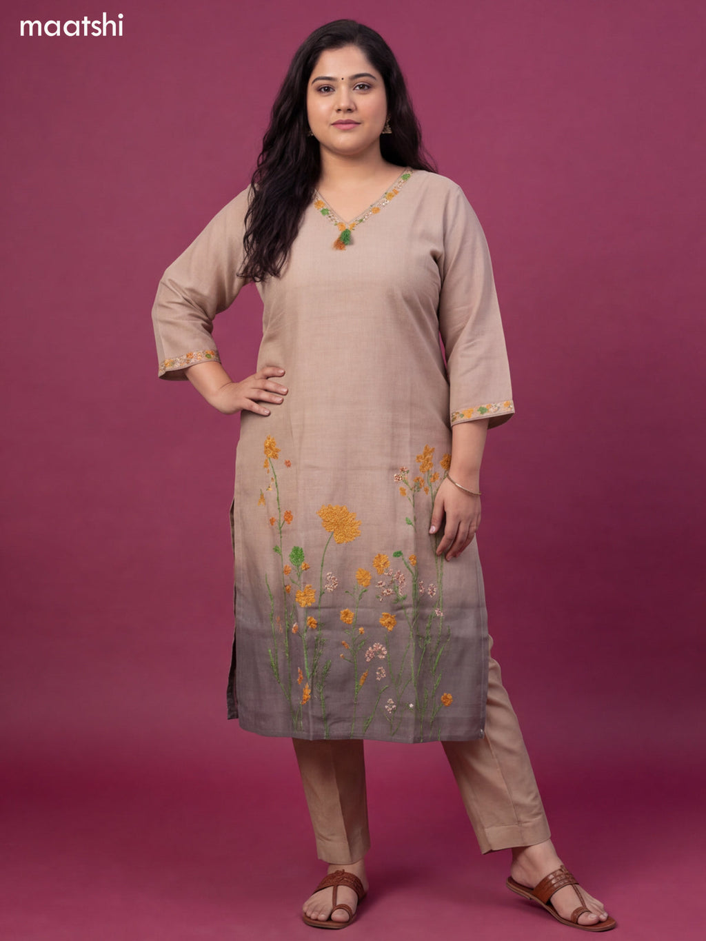 Biege and Greyish Green Linen Cotton Embroidery Work Straight Suit