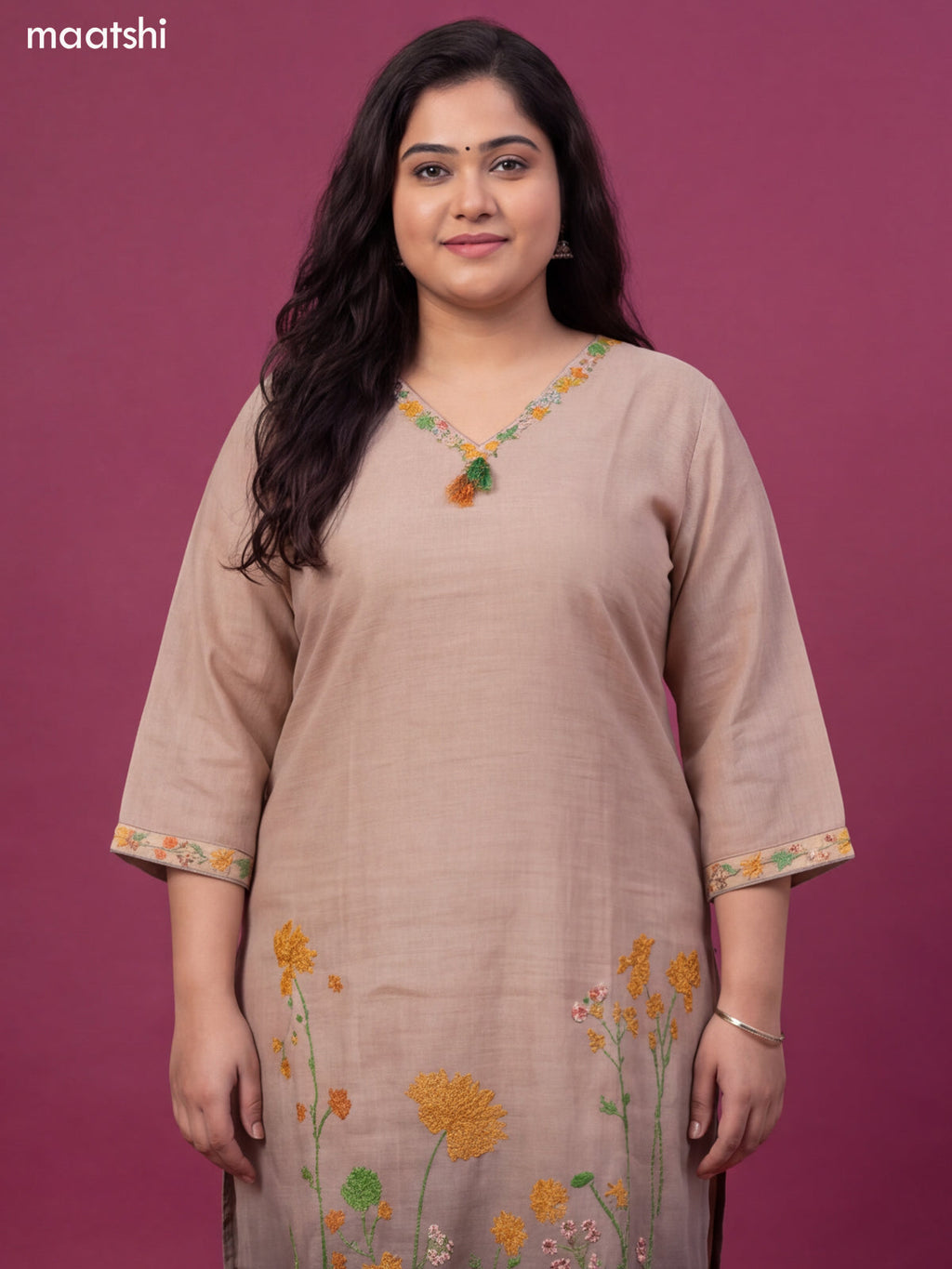 Biege and Greyish Green Linen Cotton Embroidery Work Straight Suit