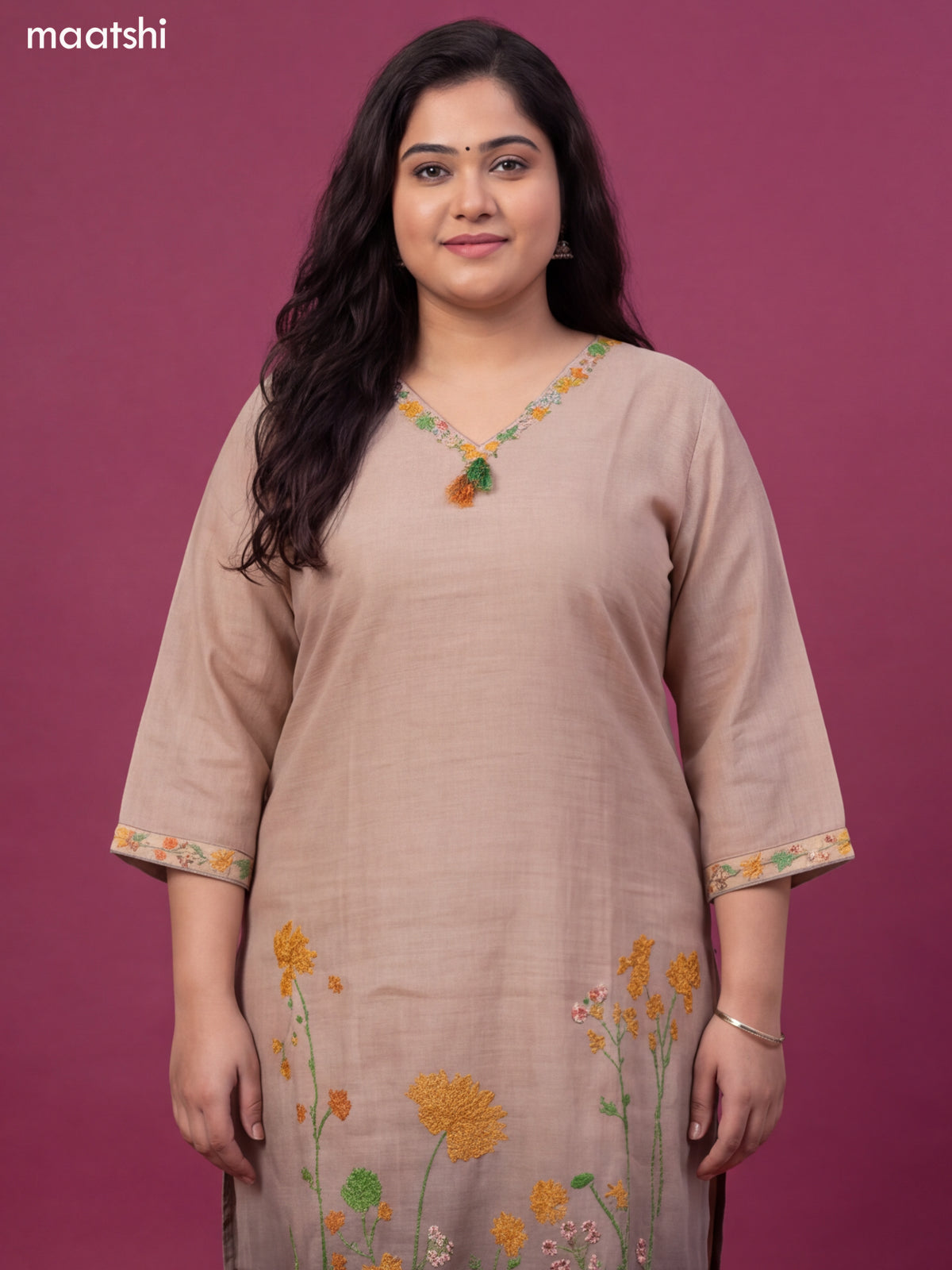 Biege and Greyish Green Linen Cotton Embroidery Work Straight Suit
