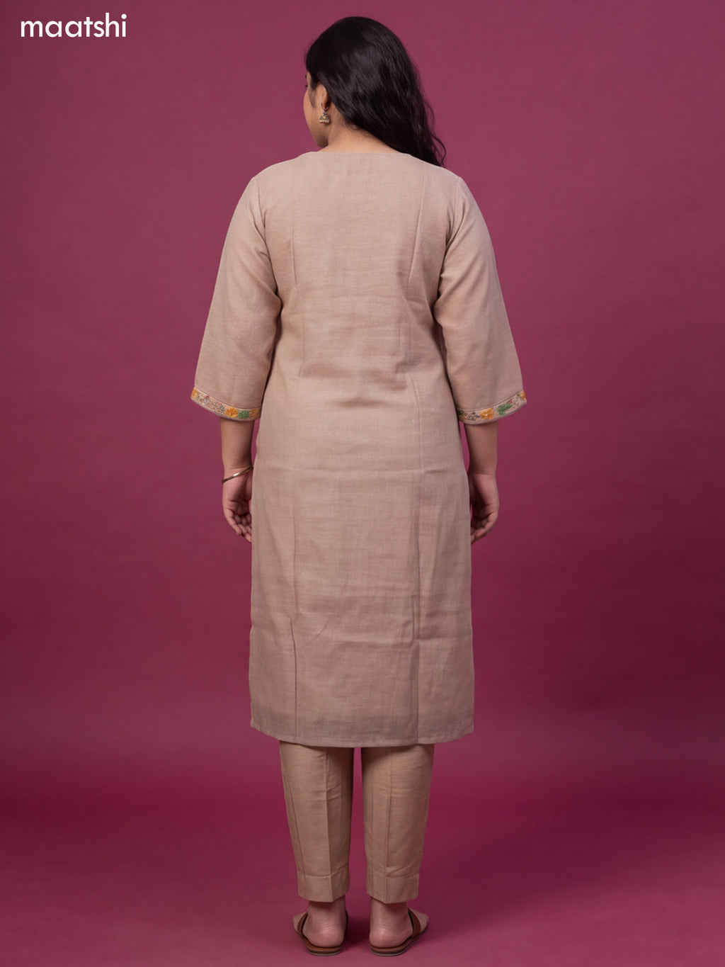 Biege and Greyish Green Linen Cotton Embroidery Work Straight Suit