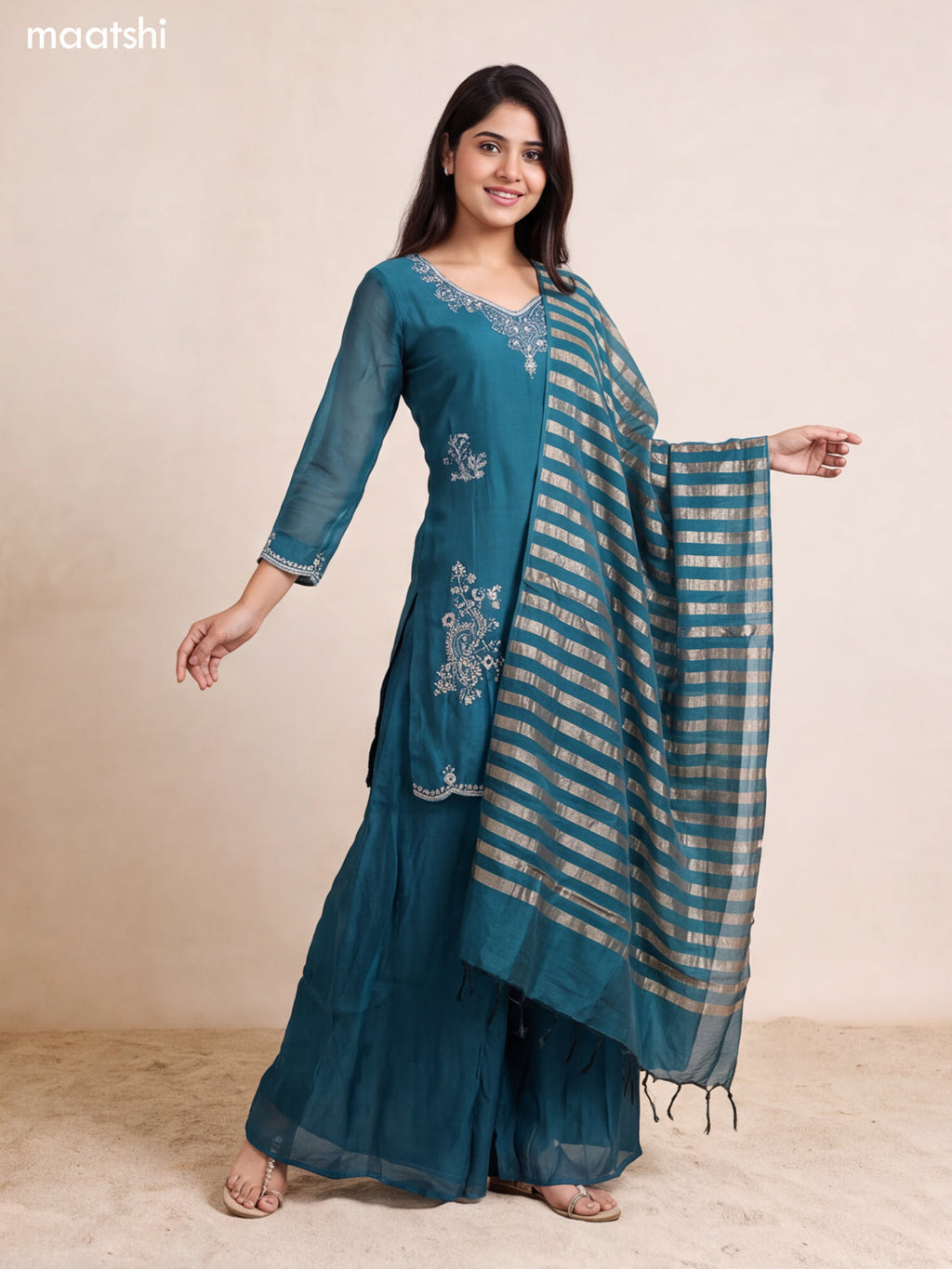 Green Mul Chanderi Sequin & Embroidery Work Straight Suit