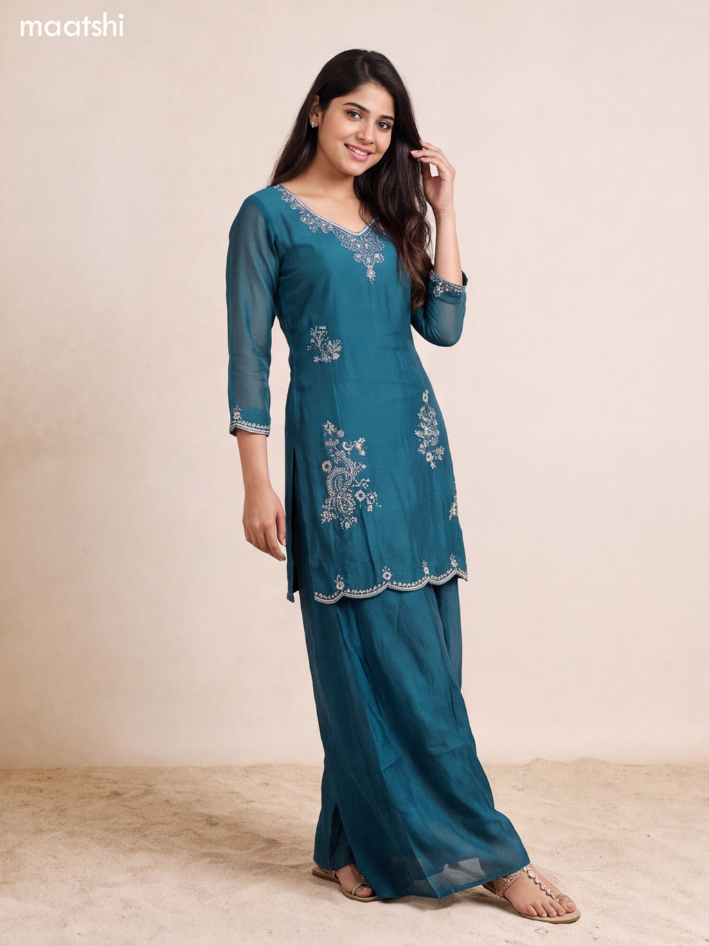 Green Mul Chanderi Sequin & Embroidery Work Straight Suit