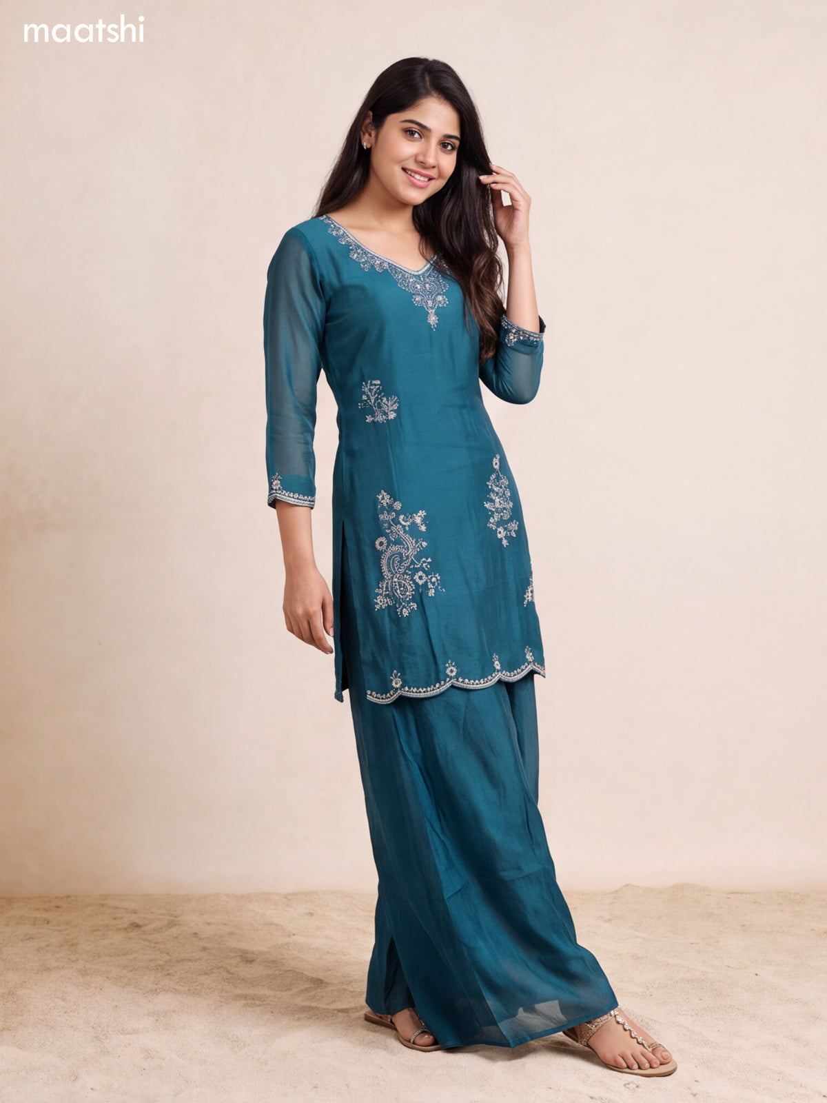Green Mul Chanderi Sequin & Embroidery Work Straight Suit