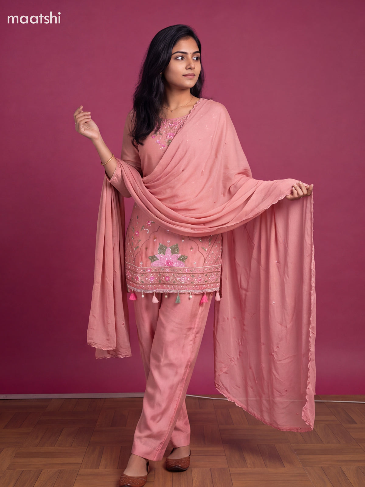 Pink Art Silk Embroidery Work Short Straight Suit