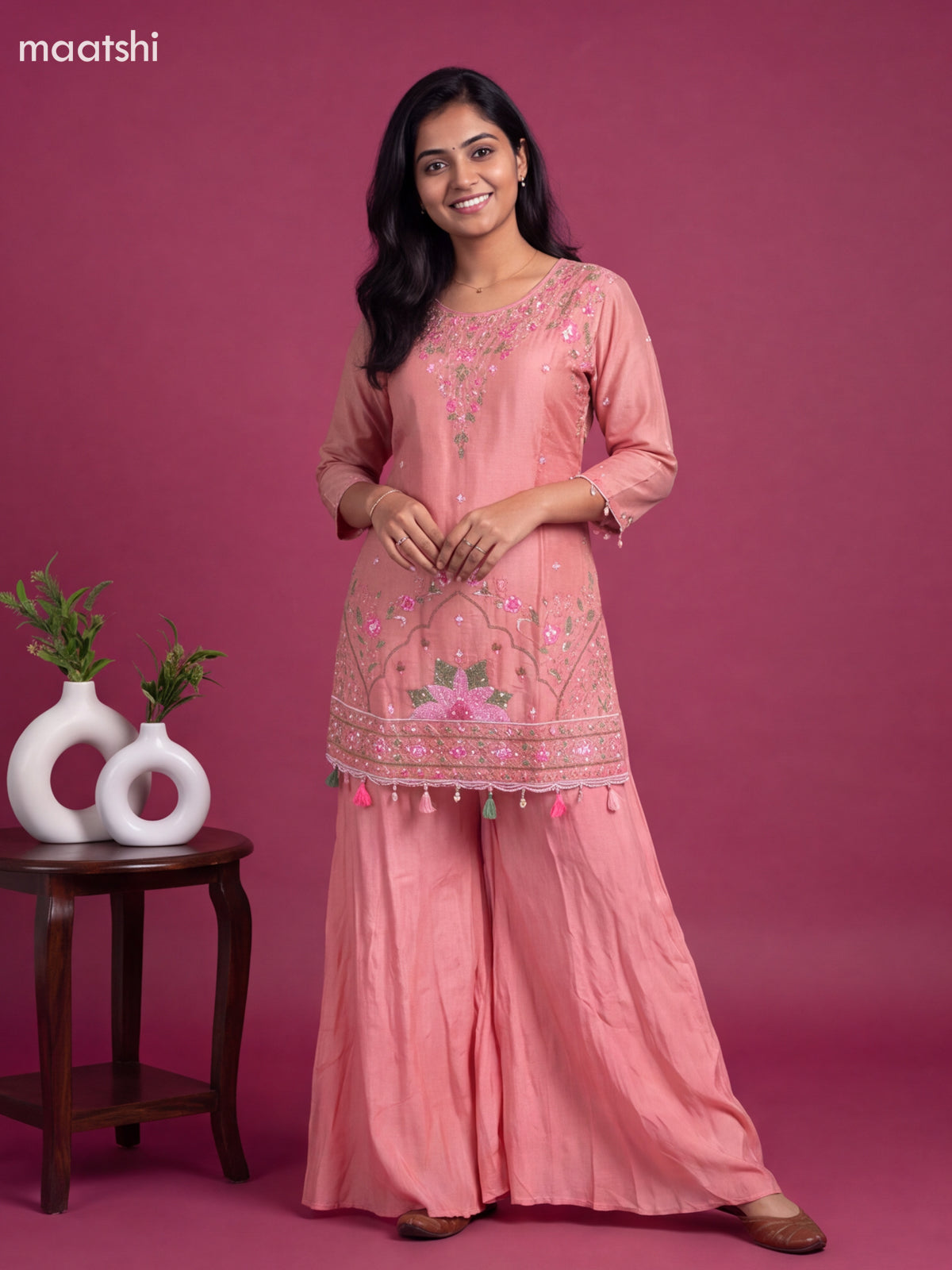 Pink Art Silk Embroidery Work Short Straight Suit