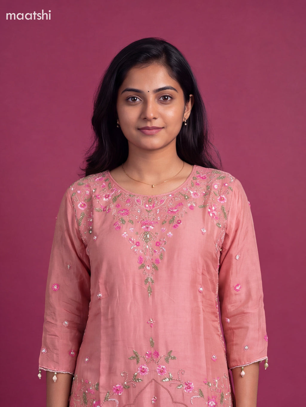 Pink Art Silk Embroidery Work Short Straight Suit