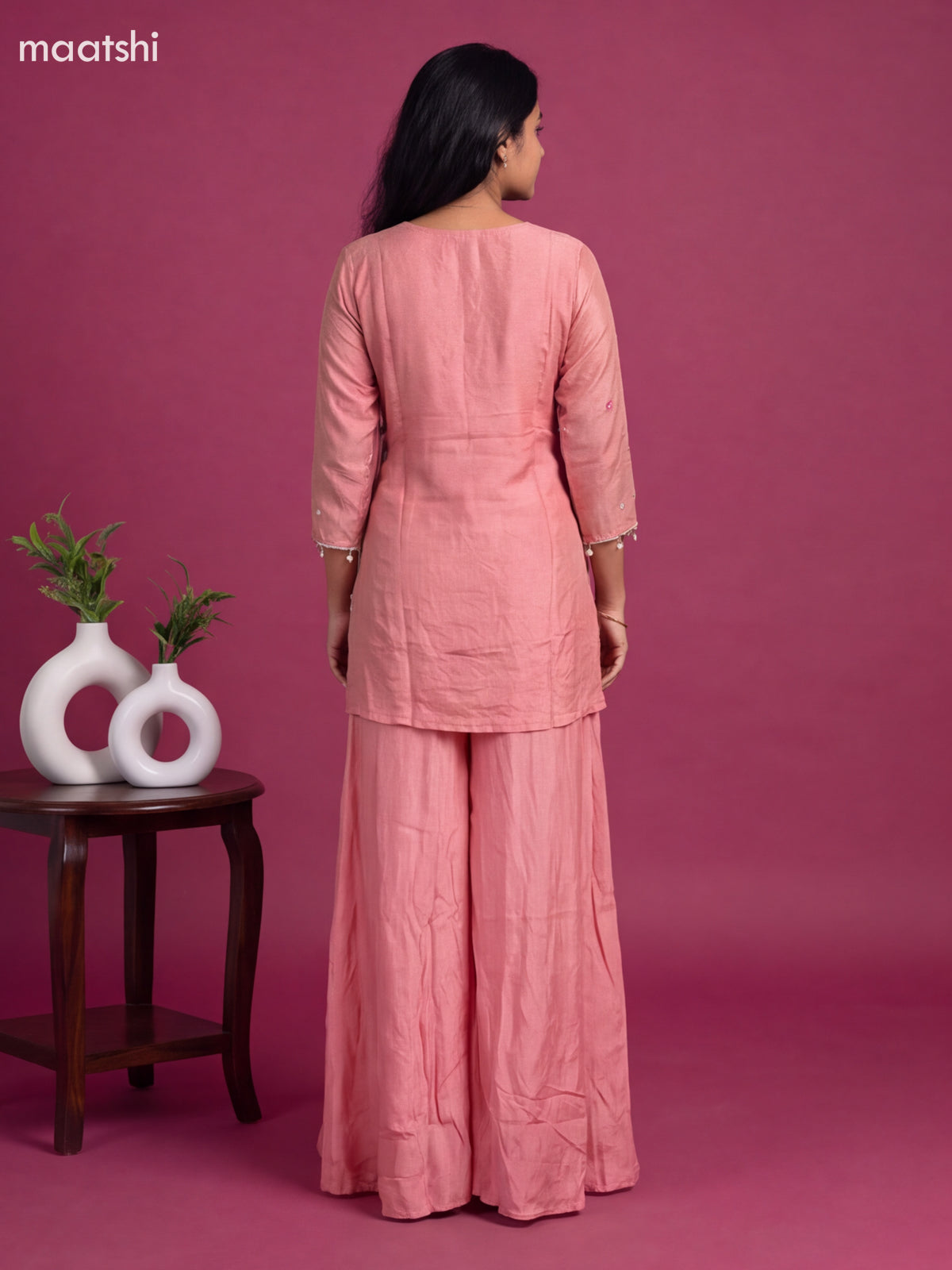 Pink Art Silk Embroidery Work Short Straight Suit