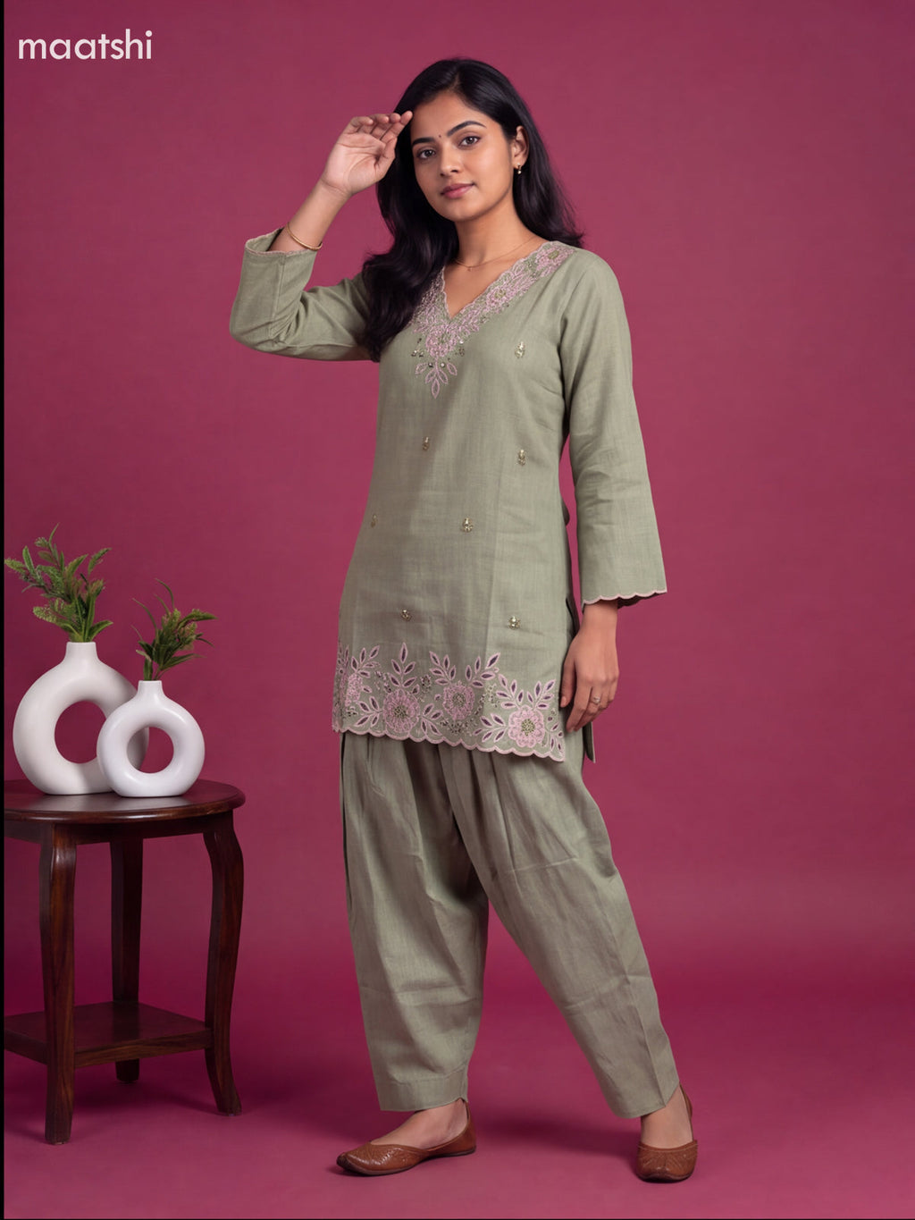 Light Green Cotton Embroidery Work Short Co-Ord Set
