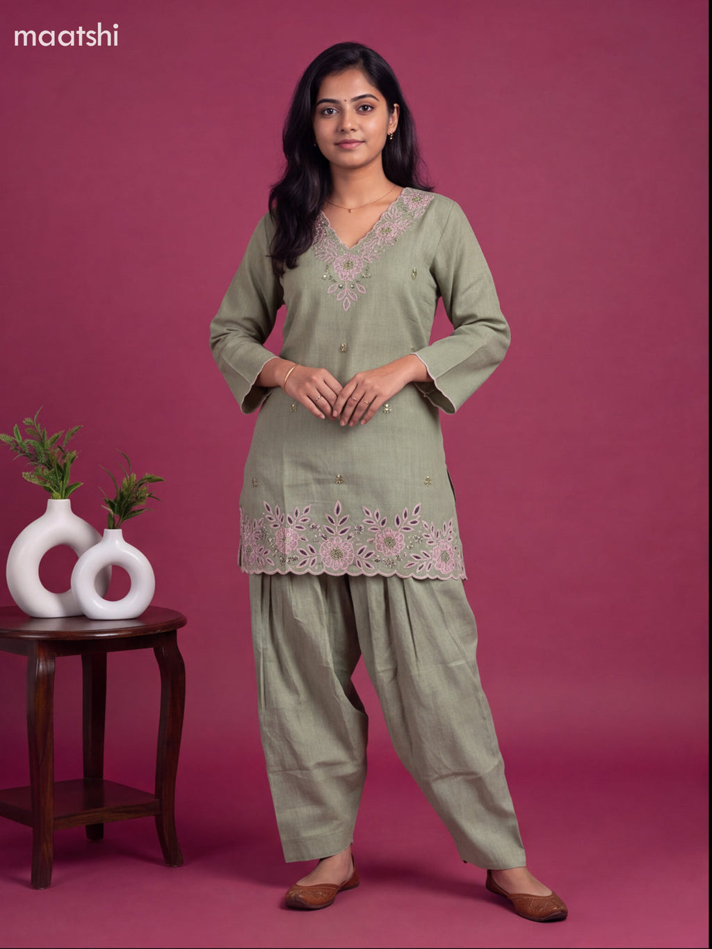 Light Green Cotton Embroidery Work Short Co-Ord Set