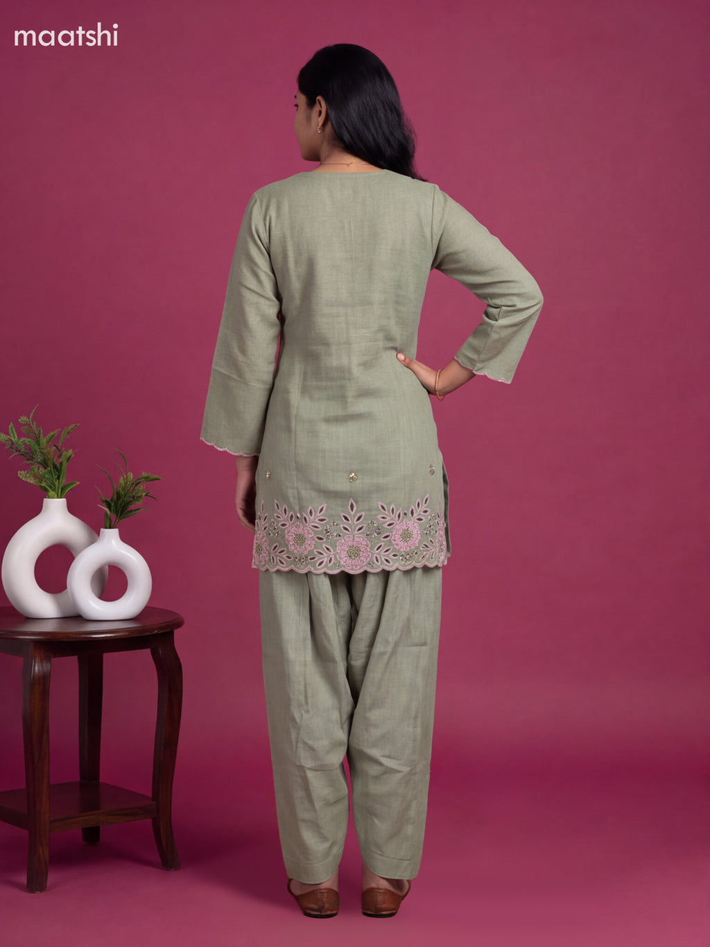 Light Green Cotton Embroidery Work Short Co-Ord Set