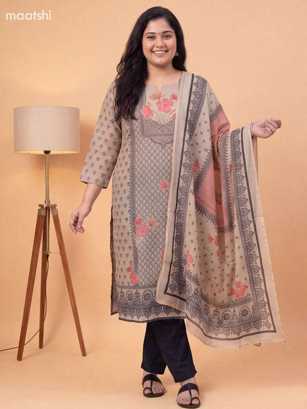 Beige and Black Cotton Printed & Embroidery Work Straight Suit