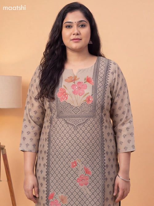 Beige and Black Cotton Printed & Embroidery Work Straight Suit