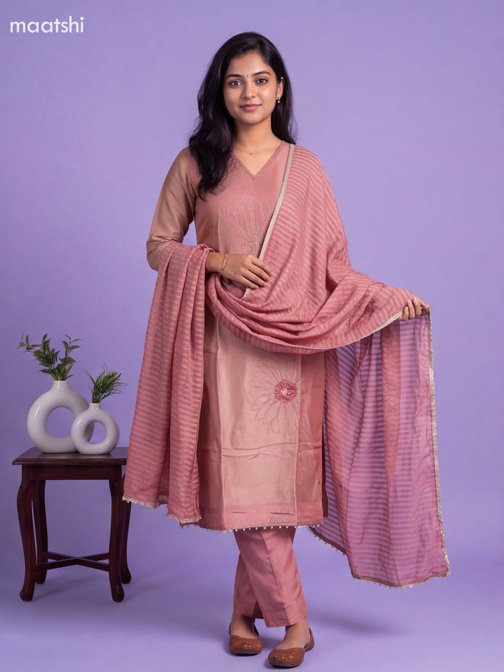 Mauve Pink Tissue Linen Embroidery Work Straight Suit